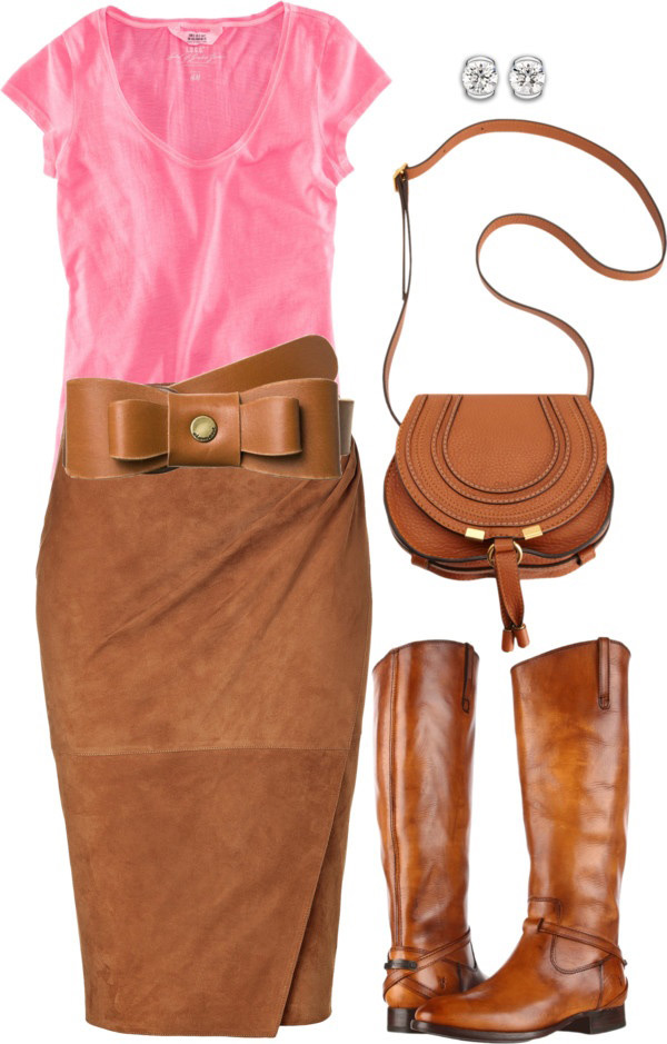 pink shirt, brown skirt, brown boots and purse