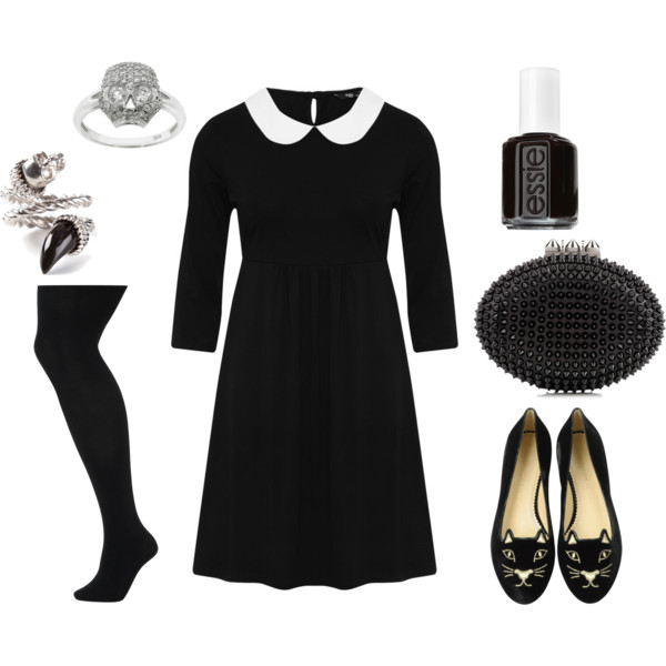 black dress, black tights, black shoes, silver skull ring, black purse, and black nail polish